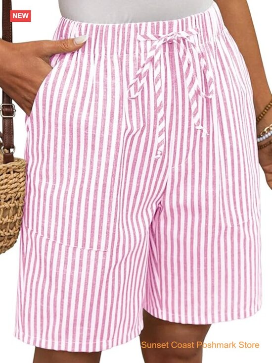 Striped Bermuda Shorts Linen Cotton Blend Summer Casual with Pockets